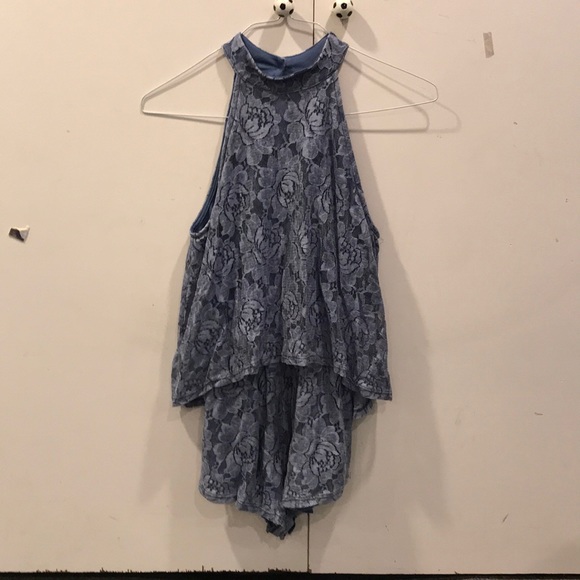 Audrey 3+1 Pants - Audrey 3+1 Open Back Blue Lace Floral Romper